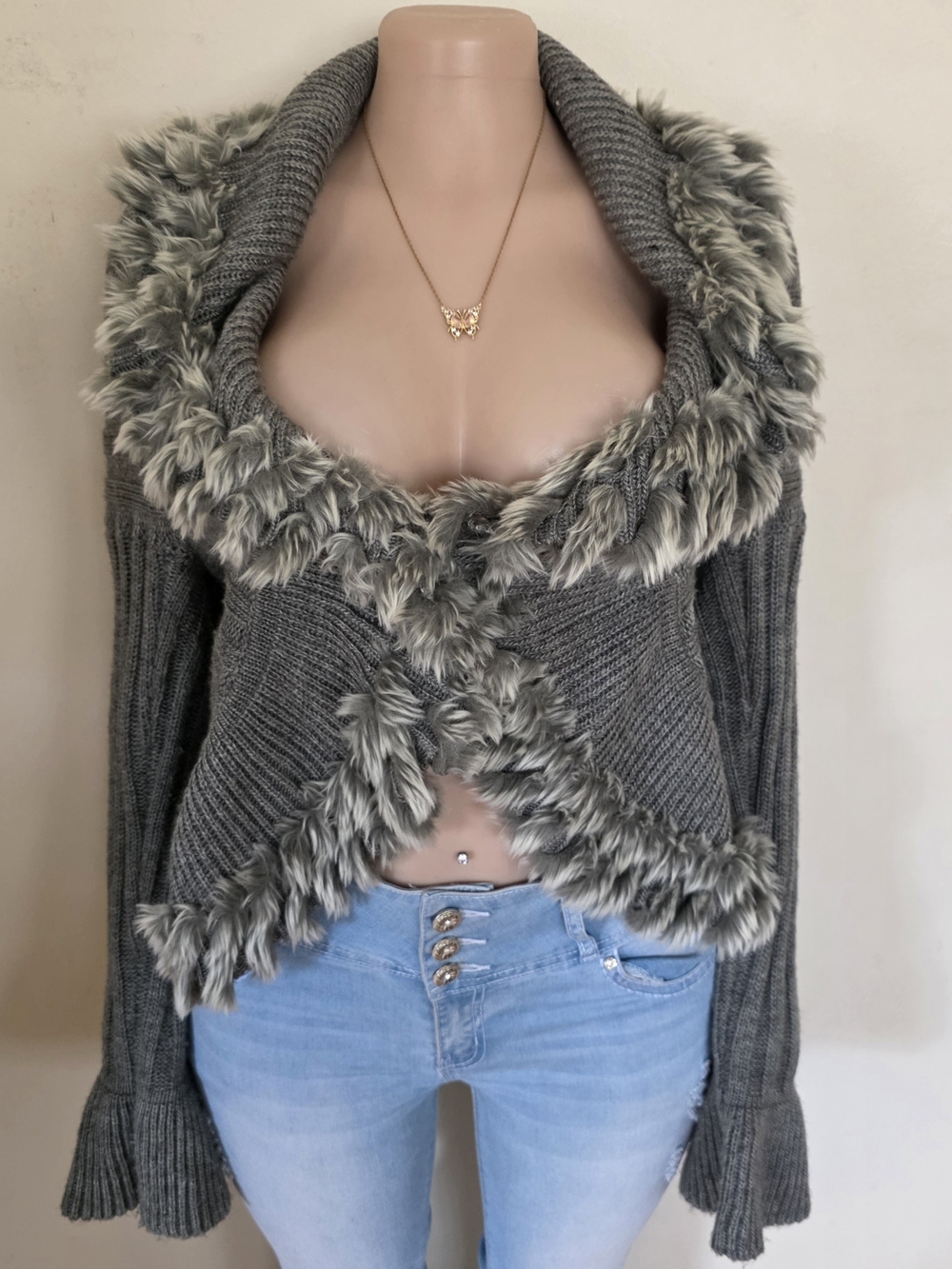 Boston Proper Gray Fur Trim Knit Shrug